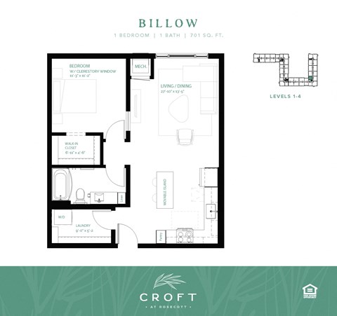 Floor plan for 1 bed, 1 bath, 701 sqft